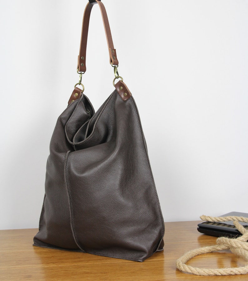 Dark Brown Leather Hobo Bag With Zipper Everyday shoulder bag limited edition image 10