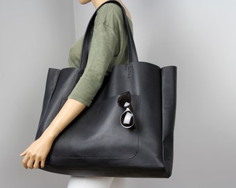 Handmade Black Leather Tote: Oversized Slouchy Carryall