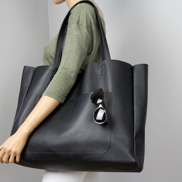 Soft leather tote, Oversized Slouchy Tote, Black Handbag for Women, Leather Bag, Very large everyday bag, Shopping bag, Leather carryall bag