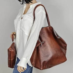 Grand sac en cuir marron cognac, sac surdimensionné marron, sac cabas de tous les jours, grand sac fourre-tout, sac à main de tous les jours pour femme, cuir pleine fleur