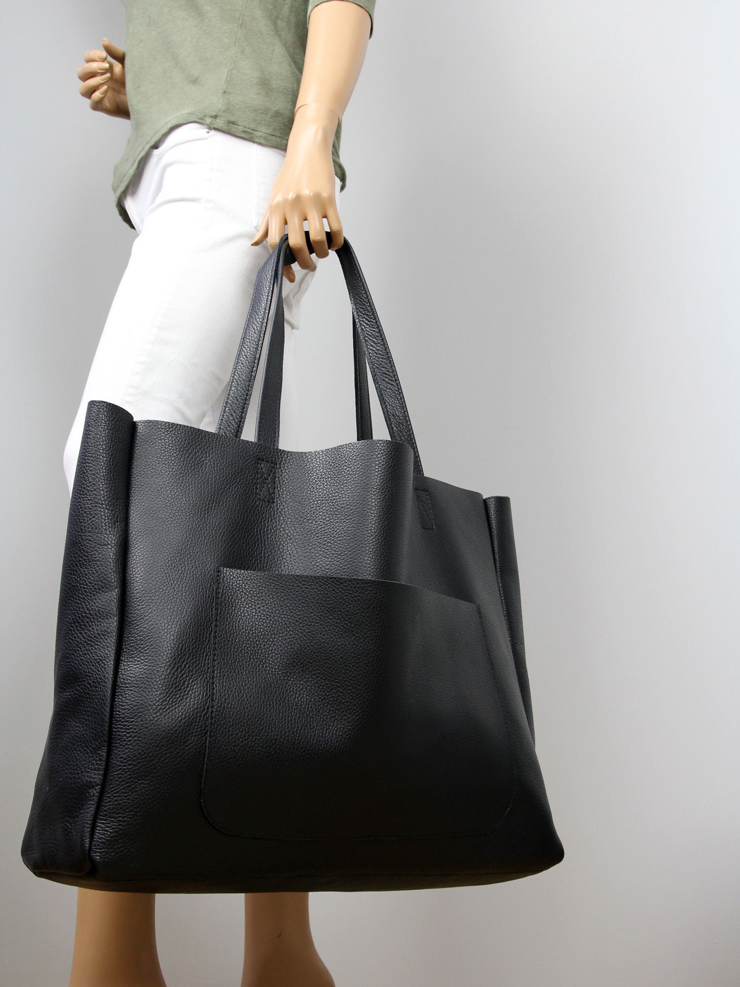 Large Black Leather Shopper Bag, Oversized Work and Travel