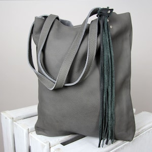 Soft unlined leather tote bag, Gray leather purse, Gray Leather tote,  Tote bag leather, Slim leather Purse, Black tassel