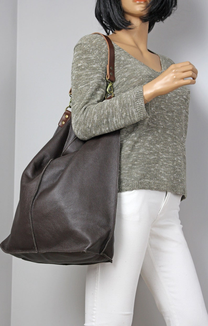 Dark Brown Leather Hobo Bag With Zipper Everyday shoulder bag limited edition image 2
