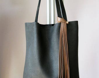 Black everyday tote bag, Black leather tote, Soft leather bag, Simple handbag gift for her, Tote woman bag with brown fringe tassel