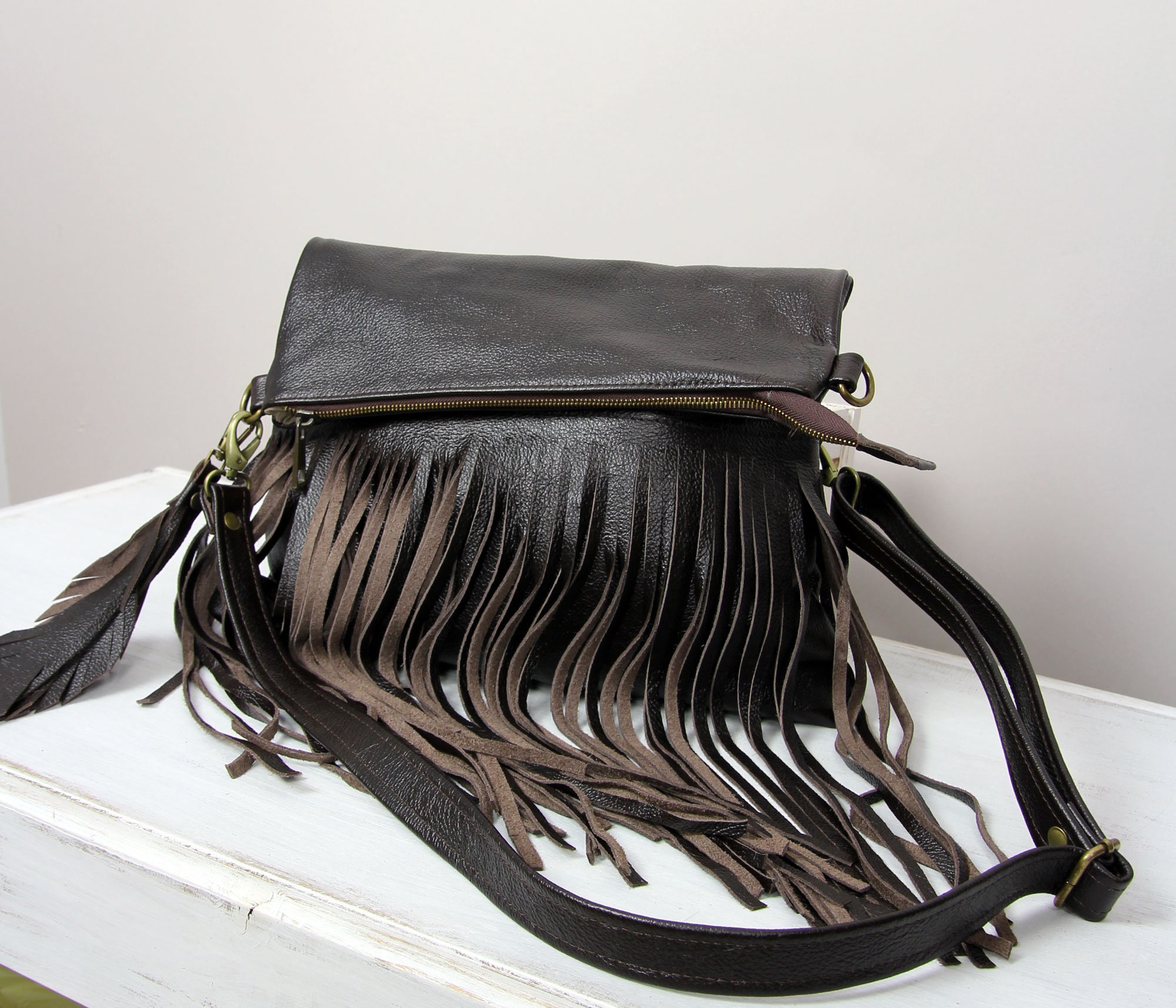 French Tote - with Boho Fringe, Braided Handle Chocolate