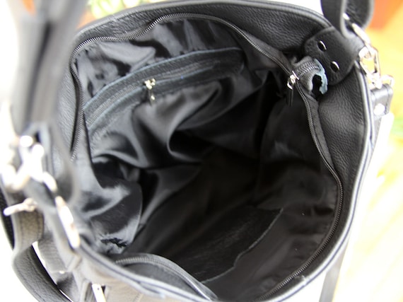 Black Everyday Leather Bag with Many Pockets on The Outside, Medium Women Purse, Leather Handbag, Black Women's Shoulder Bag