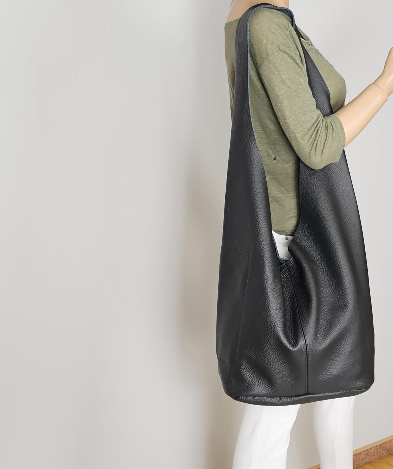 Handmade Black Pebbled Leather Hobo Bag: Oversized Boho Crossbody 