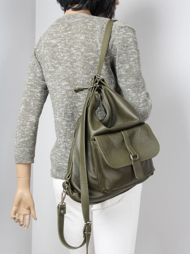 Convertible Leather Backpack Purse: Olive Green Bag - Etsy display picture 1