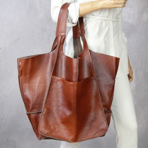 Weiche Ledertasche, Cognac-Handtasche für Damen, Alltagstasche, übergroße Shopper-Tasche, sehr große Ledertasche, Tasche mit Tasche, Slouchy Tote
