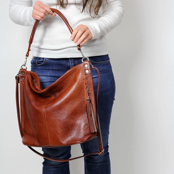 Everyday Leather  Bag with zipper, Brown Women Leather Hobo Bag, Brown leather bag , Crossbody bag,  Purse with Aztec strap
