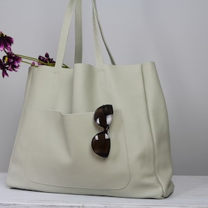 Slouchy leather tote bag,Large size leather handbag, Light gray simple  tote bag, Leather carryall bag with large outside pocket