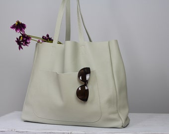 Handmade Slouchy Leather Tote Bag: Large Light Gray Carryall