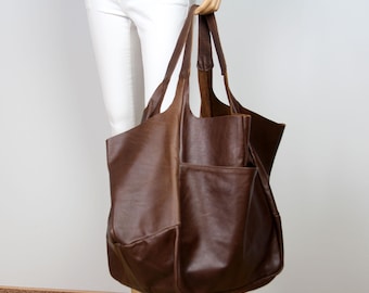 Bolso tote extragrande de piel marrón: bolso de fin de semana italiano de piel desgastada