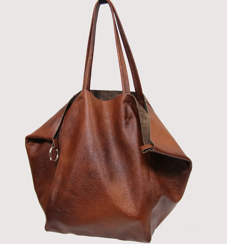 Cognac Brown Large Leather Bag Brown Oversized Bag Everyday Etsy