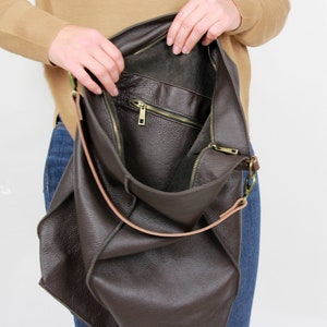 Dark Brown Leather Hobo Bag With Zipper Everyday shoulder bag limited edition image 9