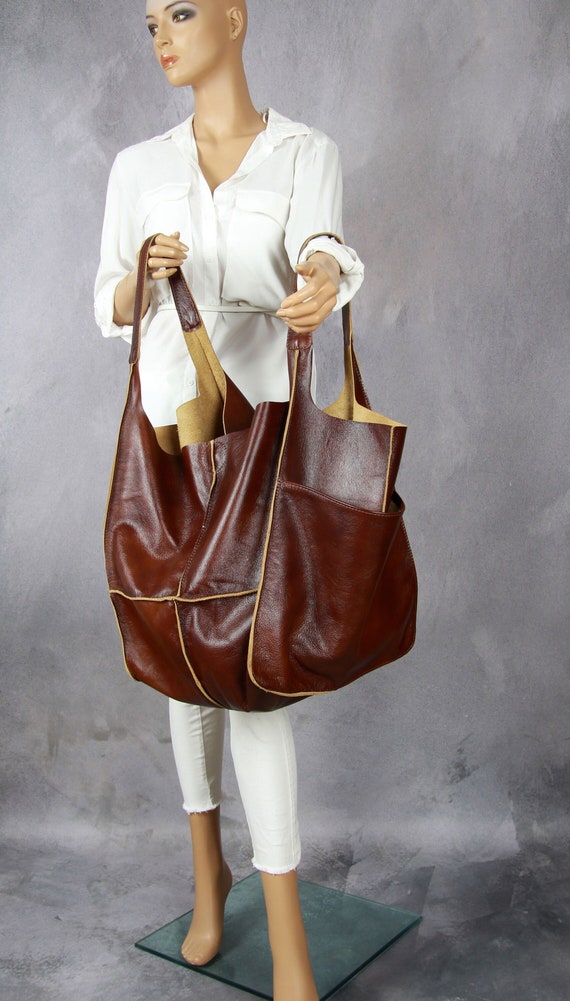 Soft Bronze Leather Women Bag, Big Leather Tote Bag