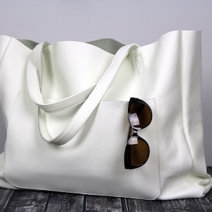 Everyday leather handbag with  front pocket, Lightweight tote style purse. Leather tote - white. Oversized leather bag for laptop, Gift bag