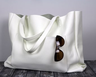 Sac à main en cuir de tous les jours avec poche avant, sac à main léger de style fourre-tout. Cabas en cuir - blanc. Sac en cuir surdimensionné pour ordinateur portable, Sac cadeau