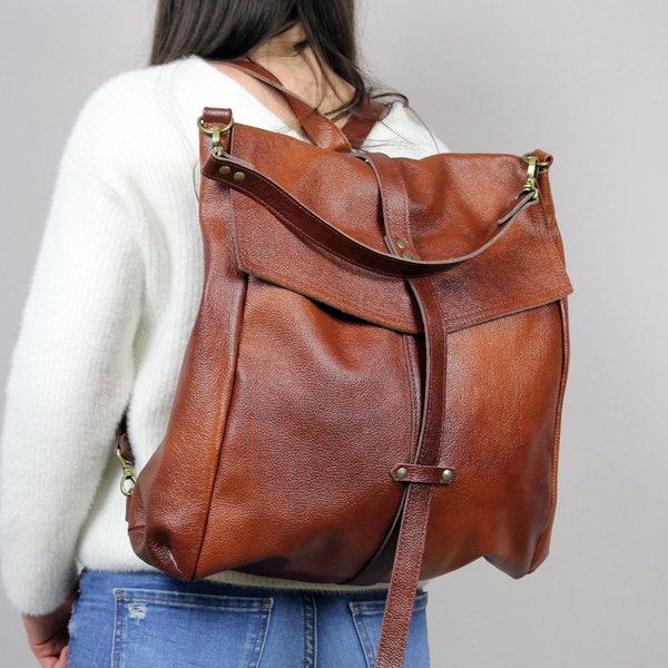 Convertible backpack shoulder bag, Brown large bag, Large Leather  shoulder bag, Large backpack bag , Oversized backpack,  Carryall Bag