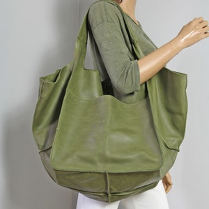 Extra large leather tote bag, Oversized distressed green carryall purse, Very large soft handbag for everyday use and for travel