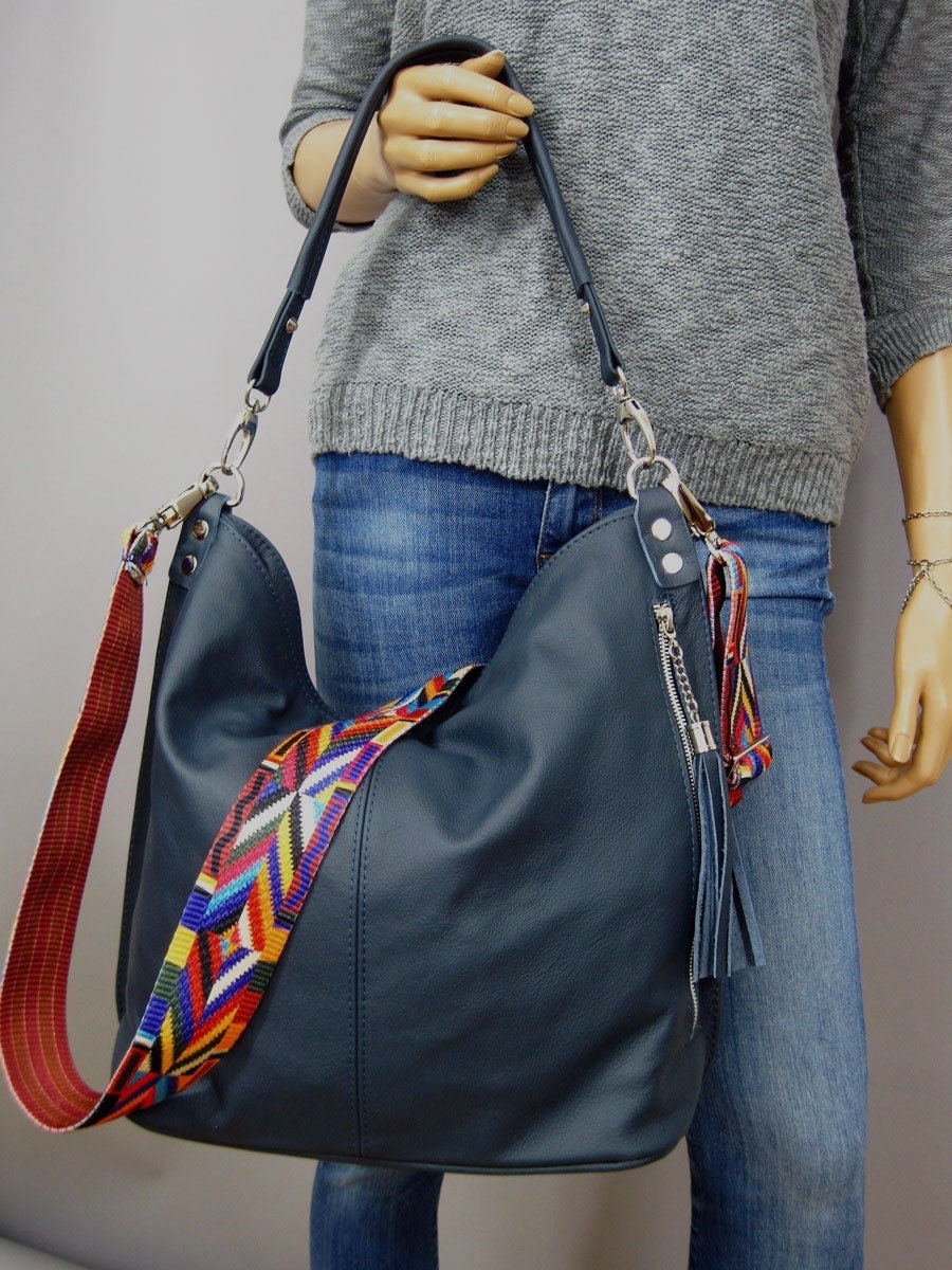Navy blue leather hobo bag sale