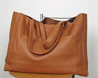 Oversized Camel Leather Tote Bag: Soft Slouchy Carry-All
