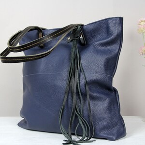 Handmade Leather Tote Bag, Large Leather everyday bag,  Women's Leather Bag, Navy blue Shoulder tote bag , Leather Shoulder Bag with zipper