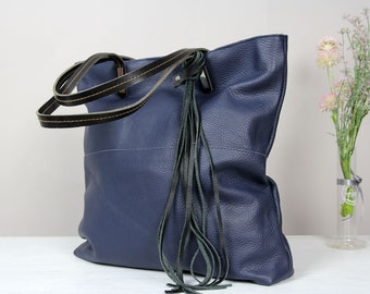 Large Leather everyday bag,  Women's Leather Bag, Navy blue Shoulder tote bag , Leather Shoulder Bag - Handmade Leather Tote Bag