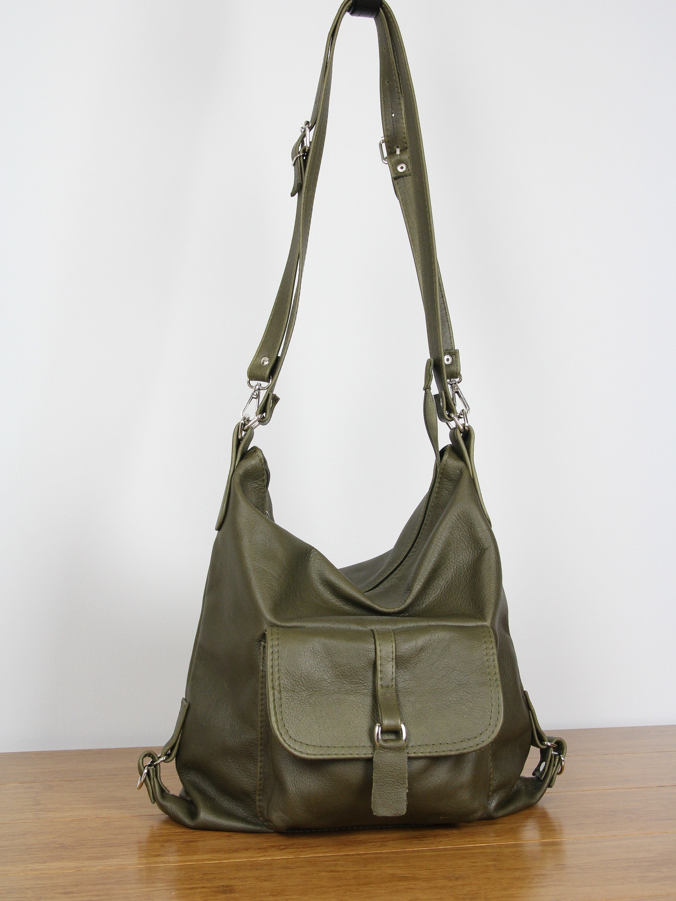 Olive Green Leather Convertible Backpack Purse: Limited 