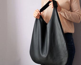 Oversized Black Leather Hobo Bag, Everyday Shoulder Bag