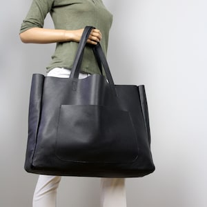Large black leather shopper bag, Oversized work and travel computer bag, Soft leather tote, Slouchy bag with pocket Leather carryall handbag