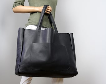 Handmade Black Leather Oversized Tote: Slouchy Carryall Handbag