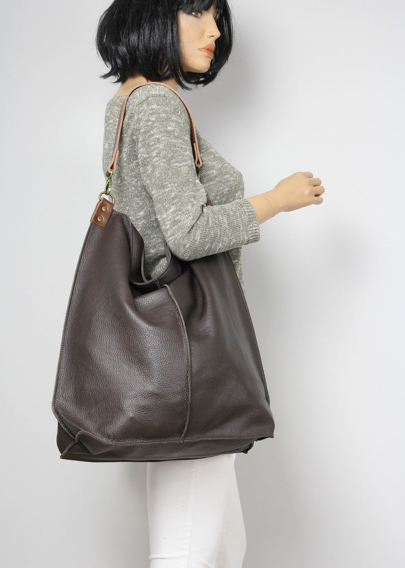 Dark Brown Leather Hobo Bag With Zipper Everyday shoulder bag limited edition image 8