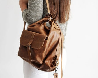 Rugzak - Tas 2in1, Distressed Leather Brown rugzak, Lederen rugzak, Vrouw rugzak, Dames rugzak, Bruin Lederen Rugzak