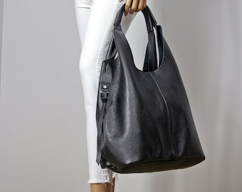 Oversized Black Leather Tote Bag: Cowhide Shoulder Bag with Crossbody