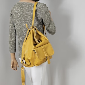 Yellow CONVERTIBLE BACKPACK, Leather backpack 2in1, Leather backpack, shoulder and crossbody -  Leather medium rucksack for women