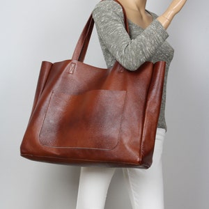 Große Leder Cognac Braun Handtasche für Frauen, Weiche Leder Schultertasche, Einkaufstasche, Oversized Tasche, Front Tasche Tasche, Handgemachte Rindsleder Tasche
