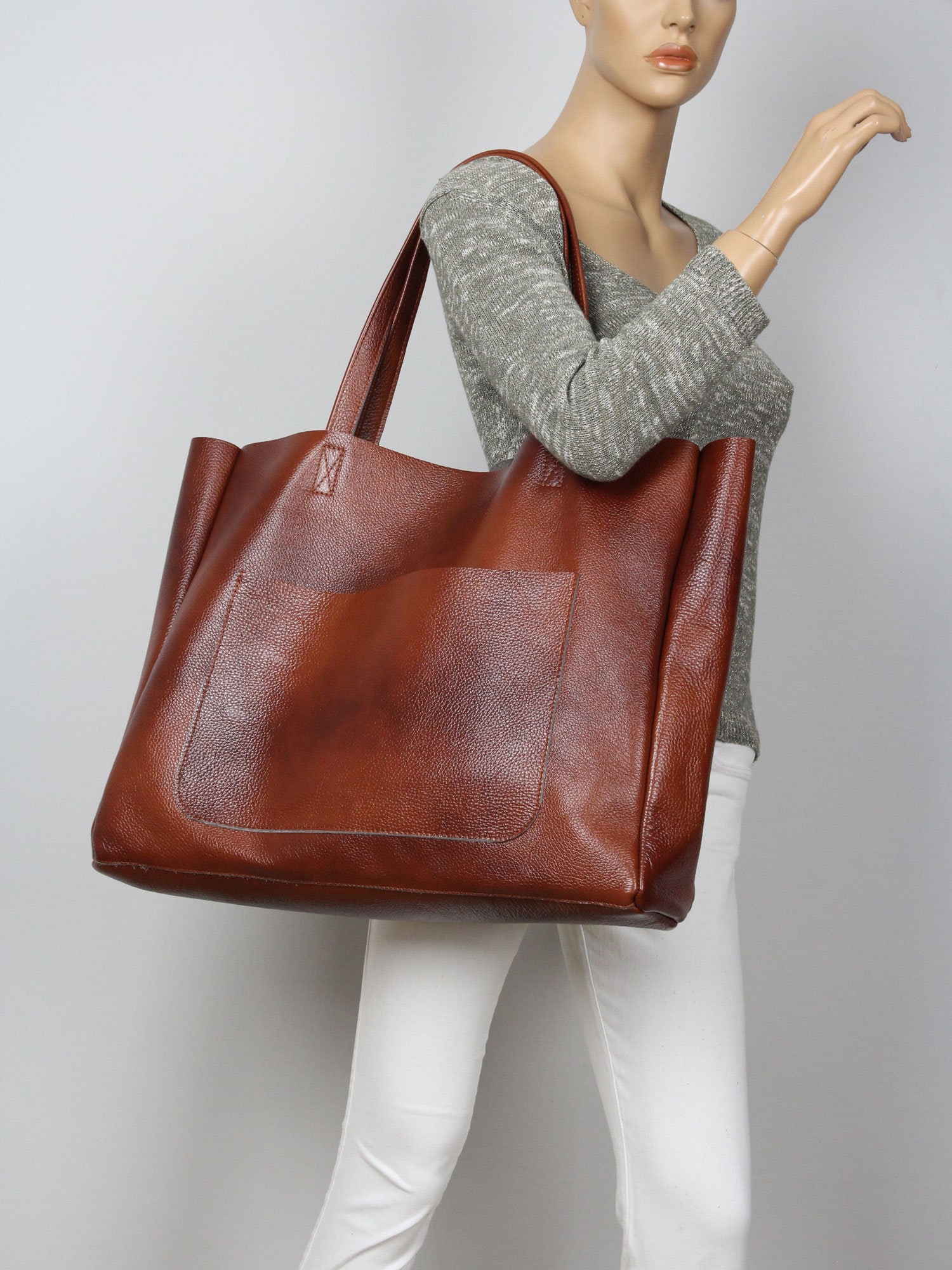 Grand sac main en cuir Cognac marron pour femme sac