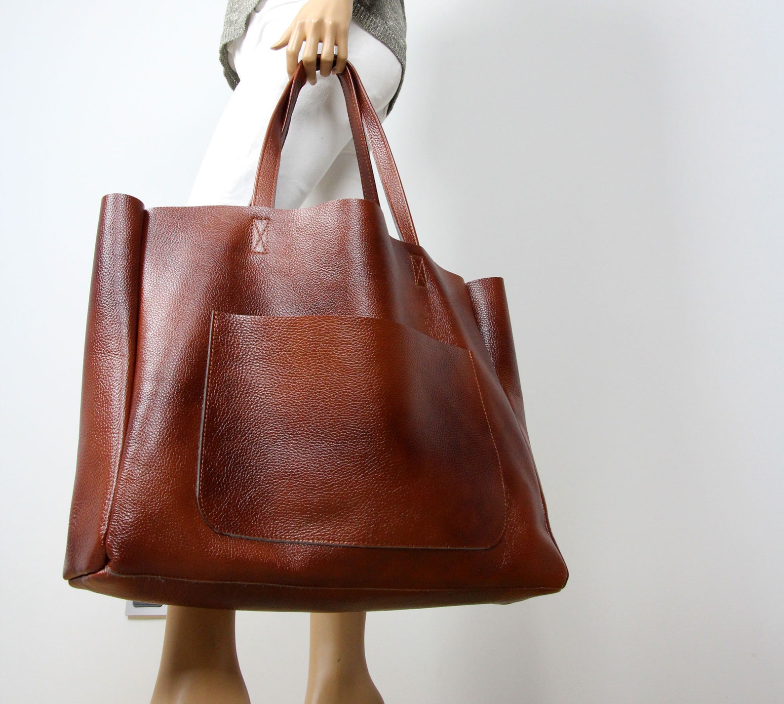 Large Leather Brown Tote Cognac Brown Handbag for Women Soft Etsy