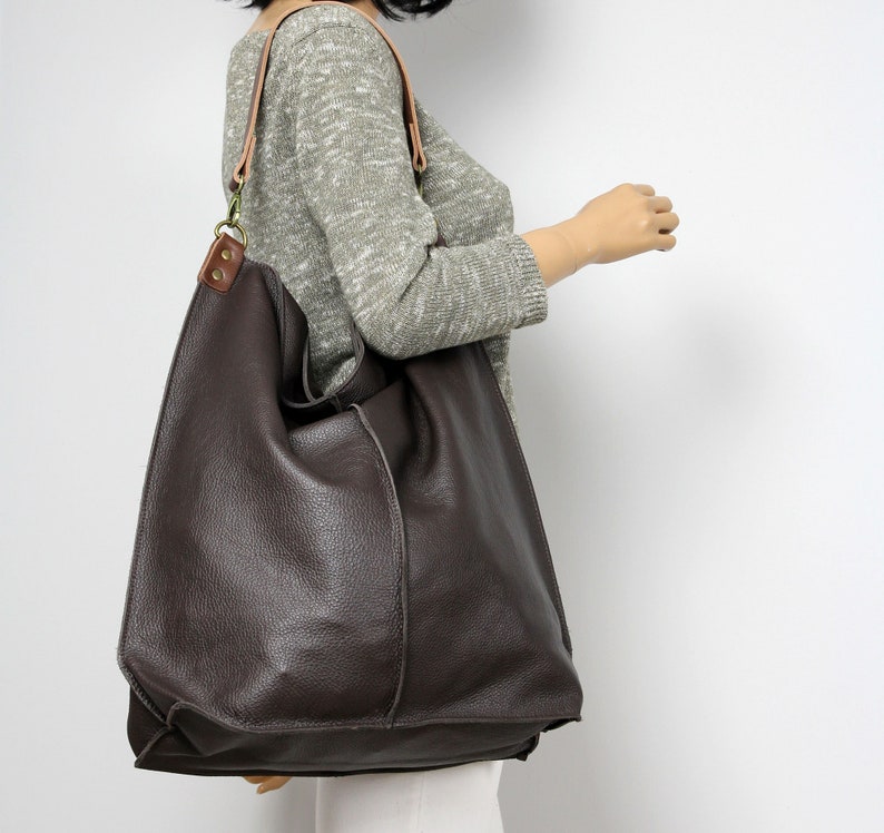 Dark Brown Leather Hobo Bag With Zipper Everyday shoulder bag limited edition image 7