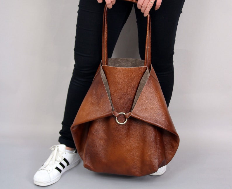 Cognac Brown Large Leather Bag Brown Oversized Bag Everyday - Etsy