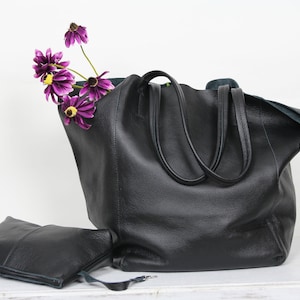 Große schwarze Ledertasche, Schwarze übergroße Ledertasche, Alltags-Shopper, große Einkaufstasche, Alltagshandtasche für Frauen, Vollnarbenleder