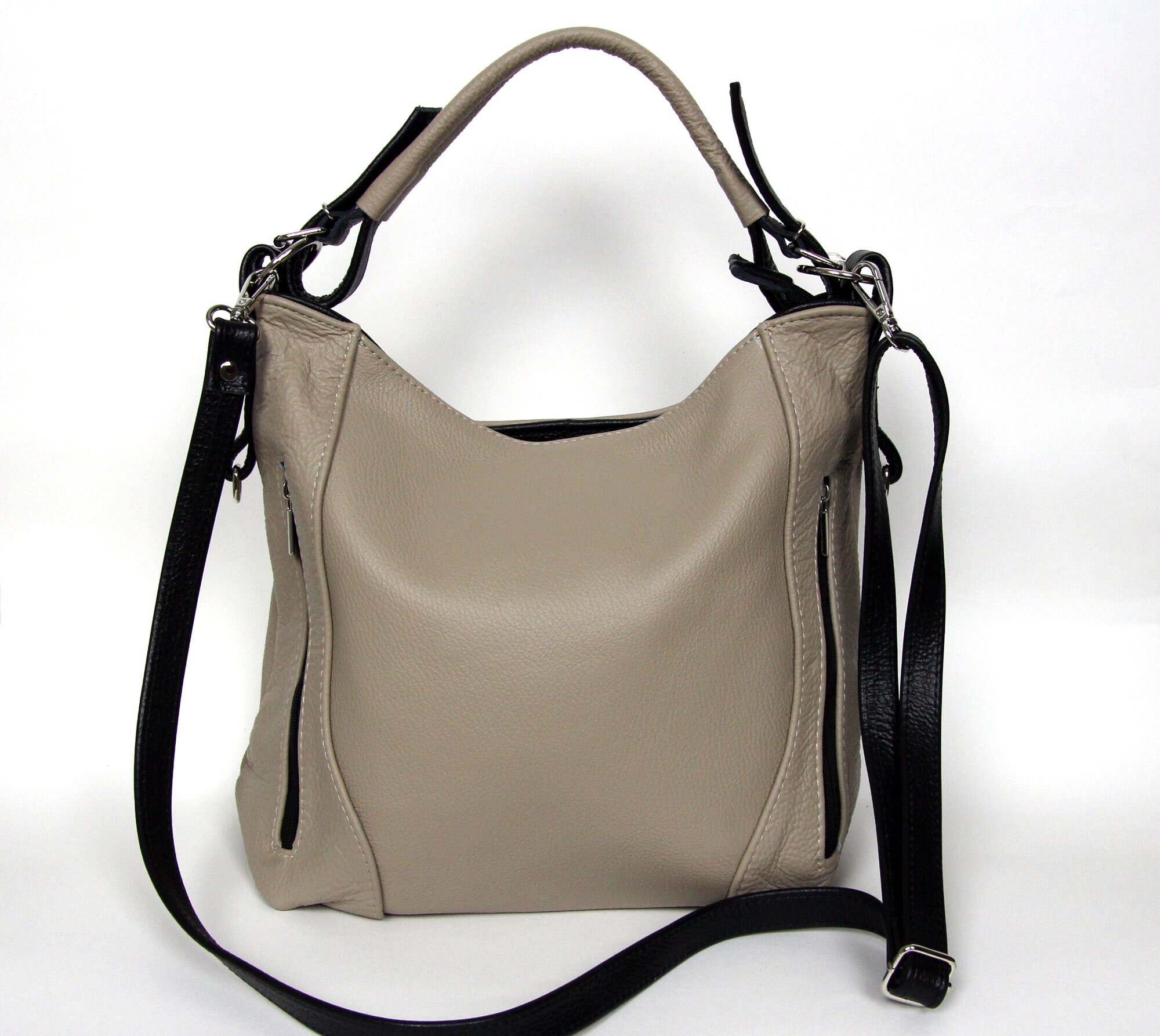 Hobo Bag With Black Details Light Leather Handbag With Black Etsy