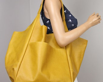 Leather Tote Bag, Very Large Leather Grocery Bag,  Double Handle Soft Large Tote with Pocket, Gift for Her, Yellow Large Shopper Bag