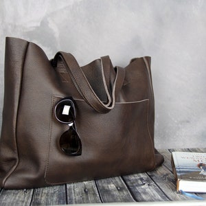 Dark brown leather handbag Simple tote oversized leather everyday bag Big minimalist leather shopper bag