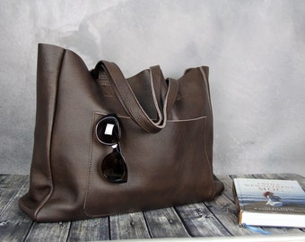 Dark brown leather handbag Simple tote oversized leather everyday bag Big minimalist leather shopper bag