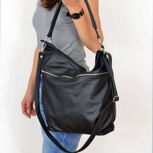 Black Everyday Crossbody Bag Soft Leather Black Bag, Hobo Bag with Pocket Pocket on the Front, Shoulder casual durable bag, work bag image 1