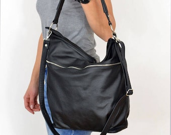 Black Everyday Crossbody Bag - Soft Leather Black Bag,  Hobo Bag with Pocket Pocket on the Front, Shoulder casual durable bag, work bag