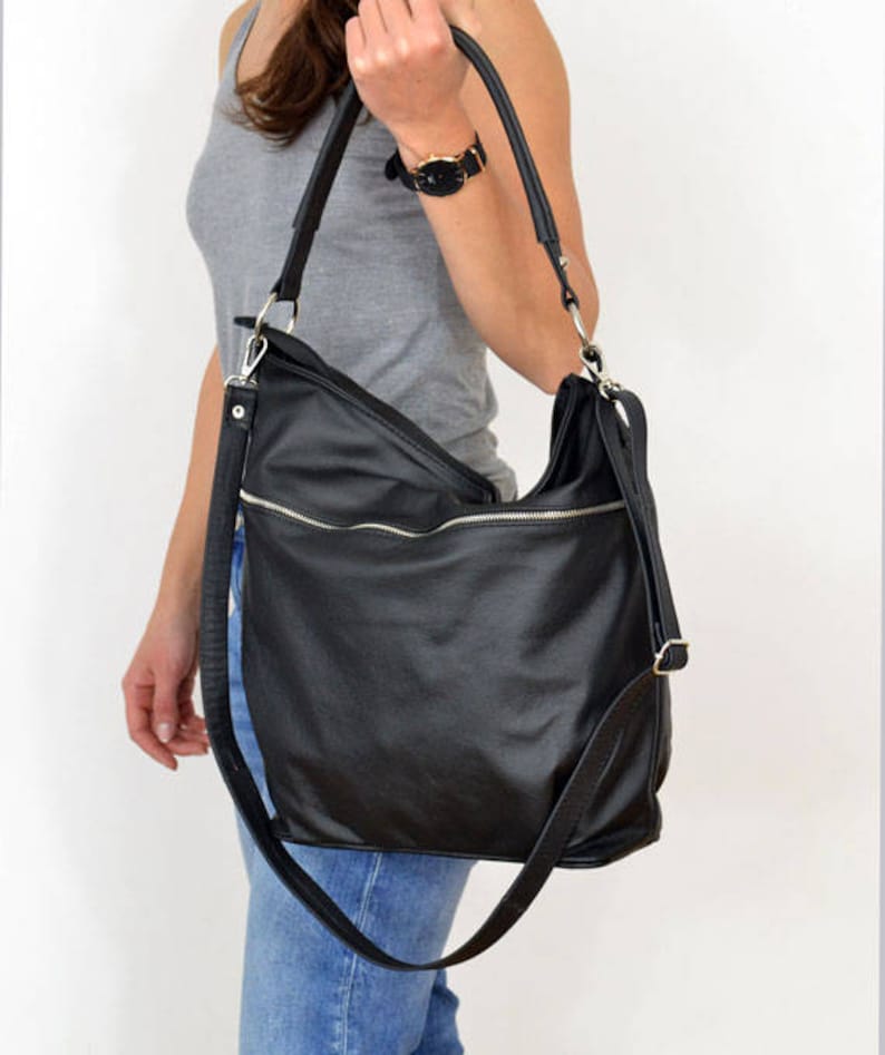 Black Everyday Crossbody Bag Soft Leather Black Bag, Hobo Bag with Pocket Pocket on the Front, Shoulder casual durable bag, work bag image 1