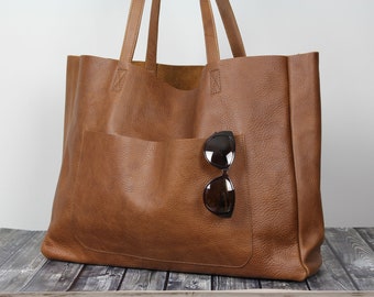 Very large and soft tote style purse Leather tote summer bag  Oversized leather bag for books with large outside pocket Light Brown